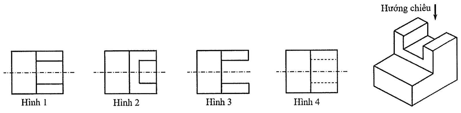 bên phải là hình chiếu trục đo của vật thể gồm một khối thấp phía trước và một khối cao phía sau có rãnh, mũi tên hướng chiếu chỉ từ trên xuống; bên trái là bốn hình chiếu Hình 1 đến Hình 4, mỗi hình là một hình chữ nhật chia đôi, có đường tâm nét chấm gạch nằm ngang