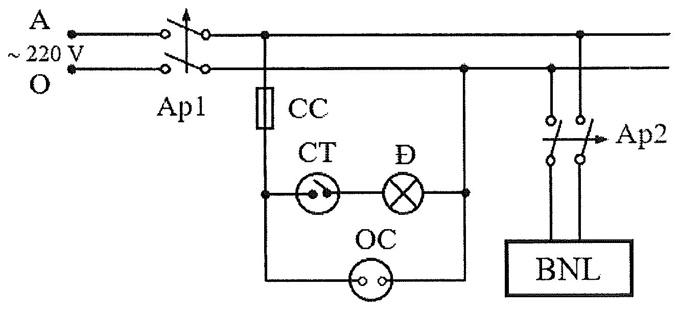 sơ đồ mạch điện: nguồn ~220 V (dây A và O) qua aptomat Ap1; một nhánh qua aptomat Ap2 cấp cho bình nóng lạnh BNL; một nhánh qua cầu chì CC cấp cho công tắc CT nối tiếp đèn Đ và ổ cắm OC mắc song song