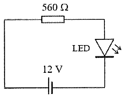 sơ đồ mạch: nguồn 12 V mắc nối tiếp với điện trở 560 Ω và một LED