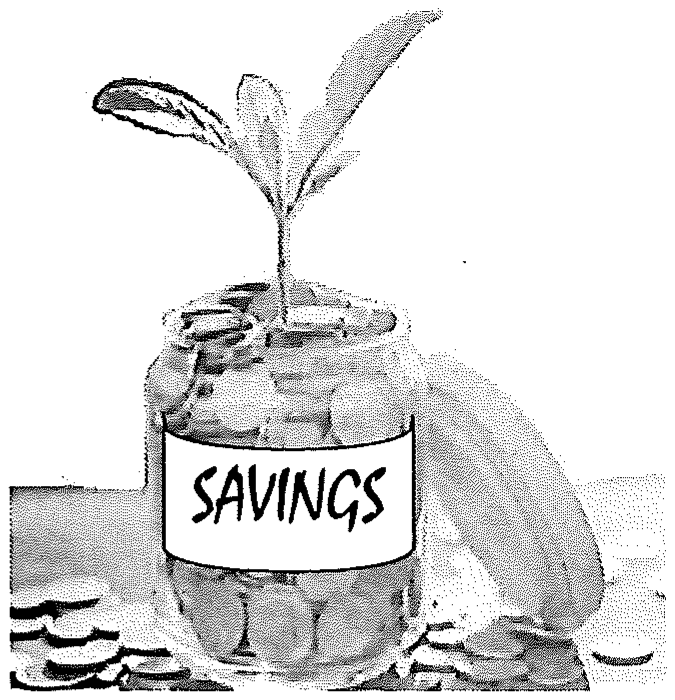 Hình minh họa: cây non mọc lên từ hũ tiền xu dán nhãn SAVINGS