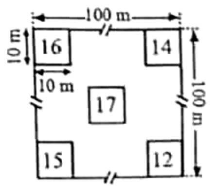 khu vườn hình vuông 100 m × 100 m với 5 ô 10 m × 10 m: bốn ô ở bốn góc đếm được 16, 14, 15, 12 cây và một ô ở giữa đếm được 17 cây