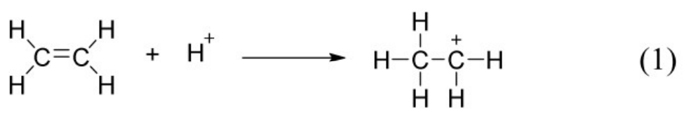 Giai đoạn (1): phân tử ethylene H2C=CH2 cộng với ion H+ tạo thành carbocation CH3–CH2+