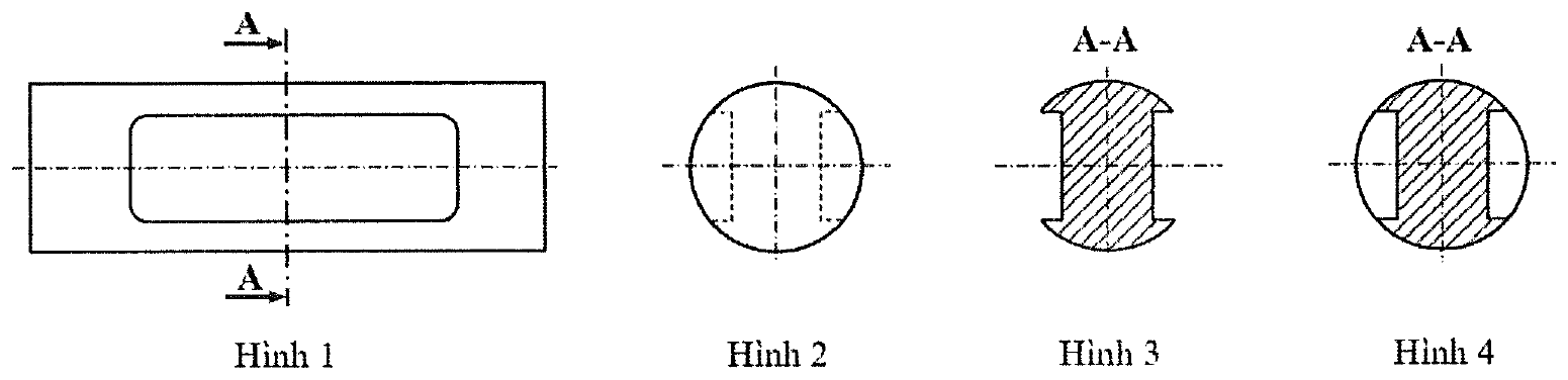 Hình 1 là hình chiếu của vật thể dạng hình chữ nhật có lỗ chữ nhật bo góc ở giữa, có vết mặt phẳng cắt A-A thẳng đứng; Hình 2 là hình tròn có các nét đứt; Hình 3 và Hình 4 đều ghi A-A, có phần gạch chéo với đường bao khác nhau