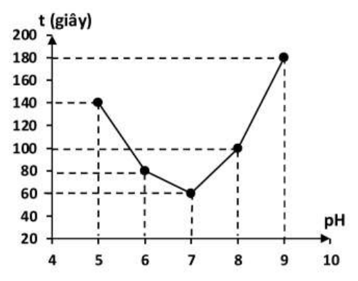 Đồ thị thời gian t (giây) tinh bột thủy phân hết theo pH: pH 5 là 140 giây, pH 6 là 80 giây, pH 7 là 60 giây, pH 8 là 100 giây, pH 9 là 180 giây