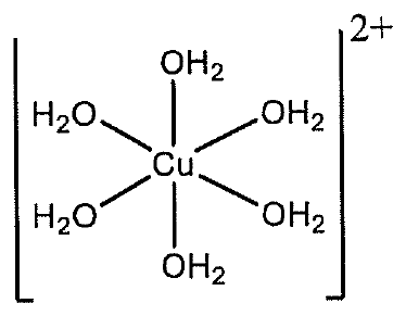Công thức cấu tạo phức chất [Cu(OH2)6]2+: nguyên tử Cu ở trung tâm liên kết với sáu phối tử OH2, đặt trong ngoặc vuông có điện tích 2+