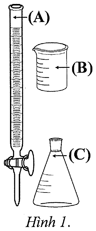 Hình 1: ba dụng cụ thí nghiệm kí hiệu (A), (B), (C); (A) là ống dài chia vạch có khóa ở đầu dưới, (B) là dụng cụ hình cốc có vạch chia, (C) là dụng cụ hình nón đặt dưới (A)