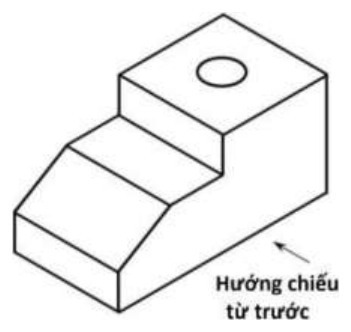 Hình chiếu trục đo của vật thể có bậc thấp, mặt nghiêng và khối cao có lỗ tròn; mũi tên chỉ hướng chiếu từ trước