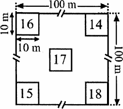 khu vườn hình vuông 100 m × 100 m với 5 ô 10 m × 10 m: bốn ô ở bốn góc đếm được 16, 14, 15, 18 cây và một ô ở giữa đếm được 17 cây