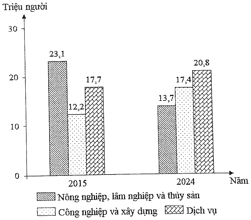 biểu đồ cột ghép lao động có việc làm phân theo ngành kinh tế, đơn vị triệu người: năm 2015 nông nghiệp, lâm nghiệp và thủy sản 23,1; công nghiệp và xây dựng 12,2; dịch vụ 17,7; năm 2024 lần lượt là 13,7; 17,4; 20,8