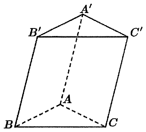 Hình lăng trụ tam giác ABC.A'B'C', đáy ABC ở dưới; các cạnh khuất AA', AB, AC vẽ nét đứt