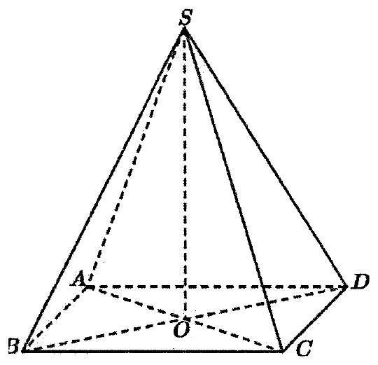 Hình chóp tứ giác đều S.ABCD với O là giao điểm hai đường chéo của đáy; SO, SA, AB, AD, AC, BD vẽ nét đứt
