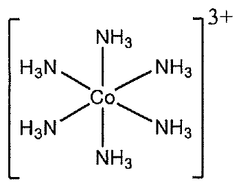 Công thức cấu tạo phức chất [Co(NH3)6]3+: nguyên tử Co ở trung tâm liên kết với sáu phối tử NH3, đặt trong ngoặc vuông có điện tích 3+