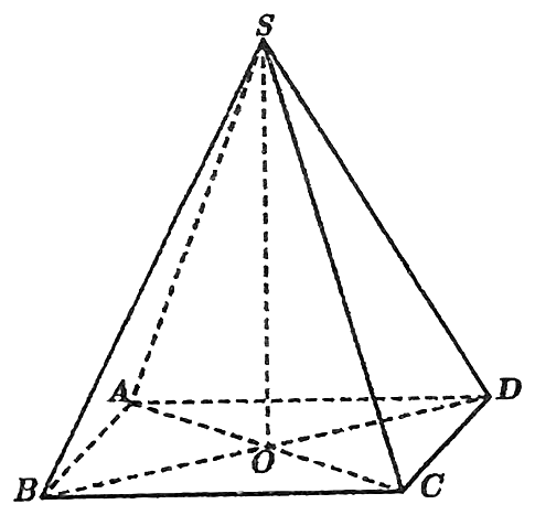 Hình chóp tứ giác đều S.ABCD, O là giao điểm của AC và BD; các đoạn khuất SA, SO, AB, AD, AC, BD vẽ nét đứt