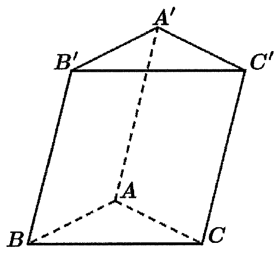 Hình lăng trụ tam giác ABC.A'B'C', đáy ABC ở dưới, các cạnh khuất AA', AB, AC vẽ nét đứt