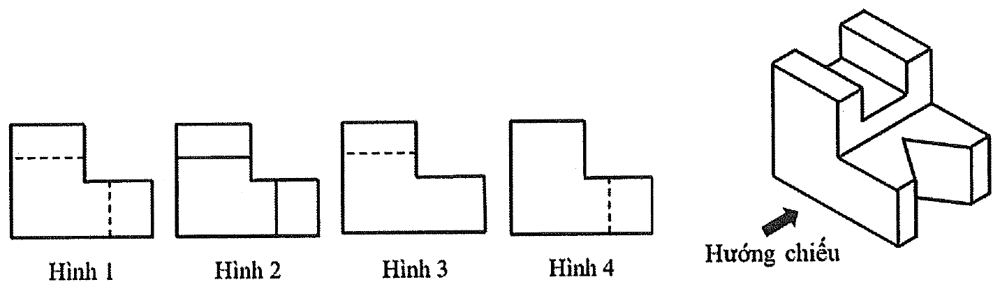 bên phải là hình chiếu trục đo của vật thể có phần cao phía sau xẻ rãnh và phần thấp phía trước xẻ rãnh chữ V, mũi tên chỉ hướng chiếu; bên trái là bốn hình chiếu dạng bậc thang Hình 1 đến Hình 4 với các nét liền và nét đứt khác nhau